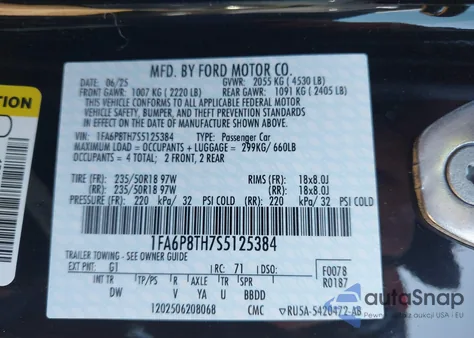 2025 Ford Mustang Ecoboost Fastback from USA, damaged, VIN 1FA6P8TH7S5125384